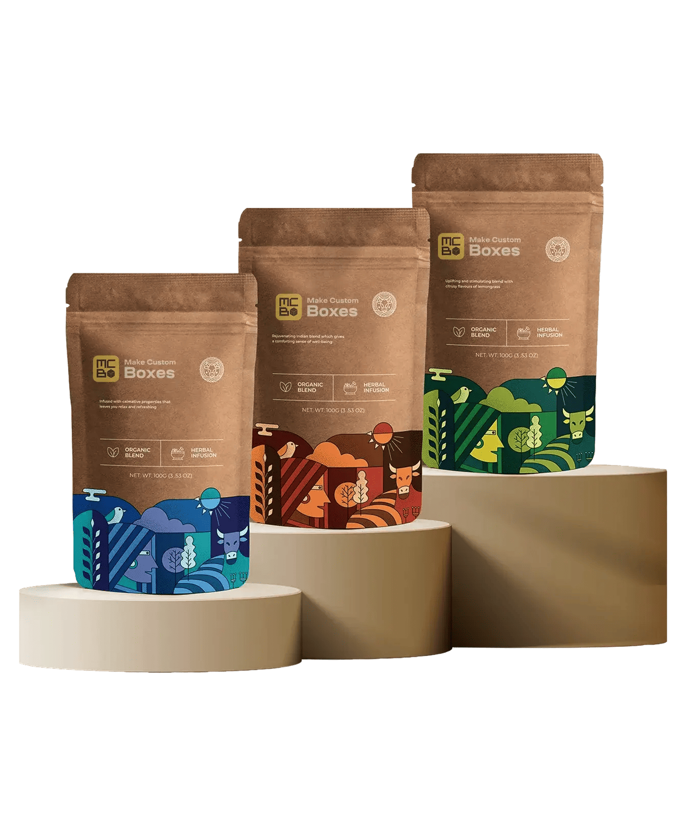 Four custom printed stand-up pouches displayed on cylindrical platforms